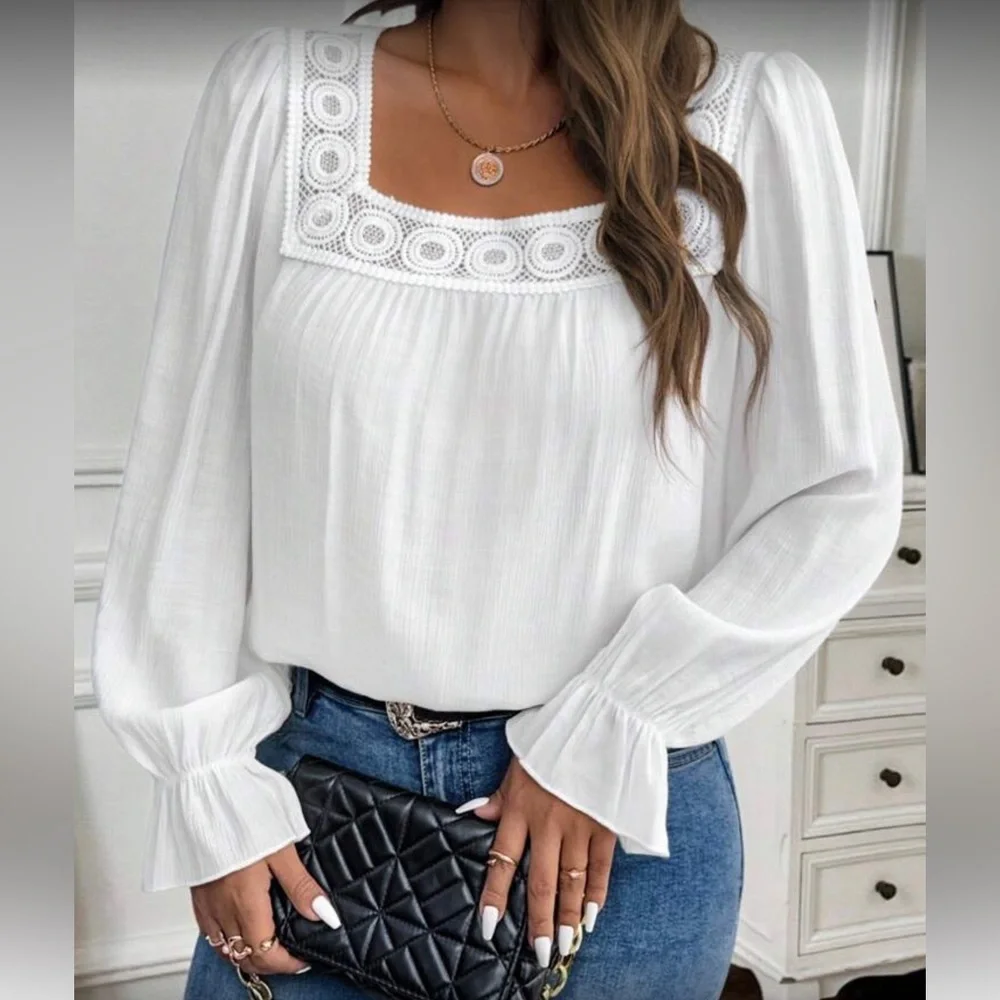 Elegant White  Lace Trim Women's Top